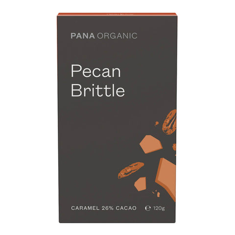 120g block of Pana Organic Pecan Brittle, a velvety caramel chocolate blended with crunchy roasted pecans and chewy toffee. Certified vegan, gluten free, and organic.