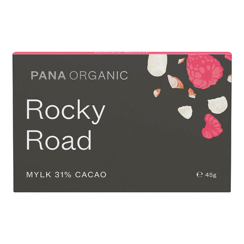 45g block of Pana Organic Rocky Road, a mouth-watering mylk chocolate mixed with fluffy marshmallows, zesty raspberries, and crispy roasted almonds. A delicious and satisfying treat. Certified vegan, gluten free, and organic.