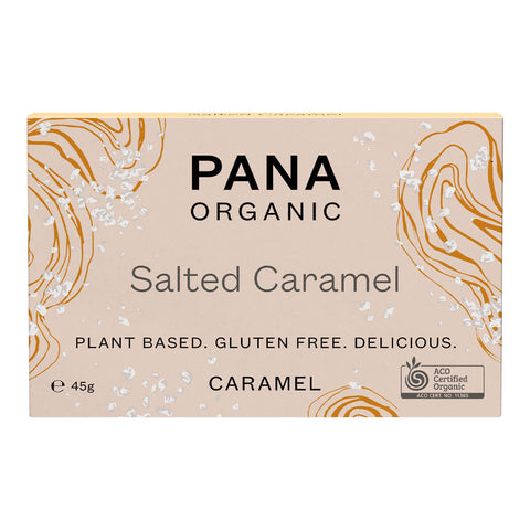 45g block of Pana Organic Salted Caramel, a vegan chocolate with a sweet and salty caramel rollercoaster. Certified vegan, gluten free, and organic.