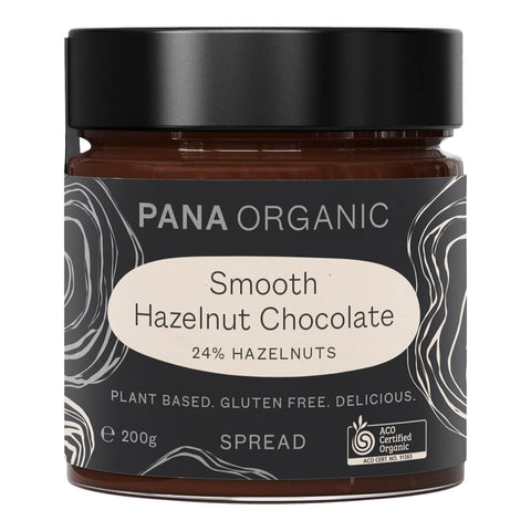 200g jar of Pana Organic Smooth Hazelnut Chocolate spread with 24& hazelnuts. Certified organic, gluten free, and vegan.