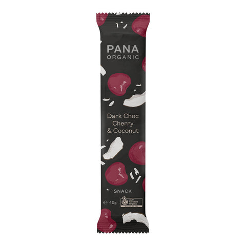 40g bar of Pana Organic Snack Bar in Dark Choc, Cherry & Coconut flavour, a blend of desiccated coconut and plump dried cherries smothered in rich, dark chocolate. Certified vegan, gluten free, and organic.