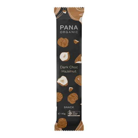 40g bar of Pana Organic Snack Bar in Dark Choc Hazelnut flavour, featuring a rich caramelised date centre dotted with crunchy pieces of roasted hazelnuts and wrapped in a thick blanket of dark chocolate. Certified vegan, gluten free, and organic.