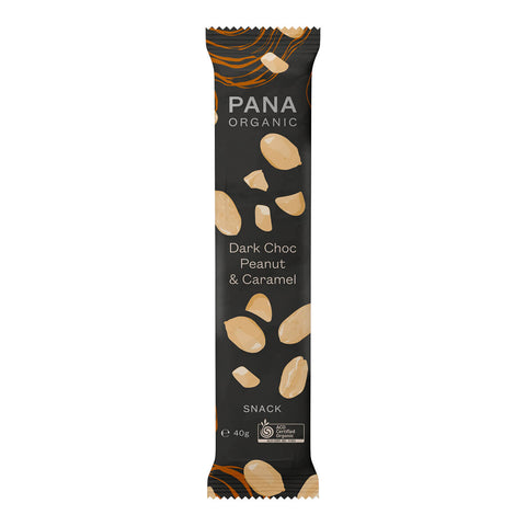 40g bar of Pana Organic Snack Bar in Dark Choc, Peanut & Caramel flavour, featuring a caramel-peanut filling loaded with crunchy roast peanut pieces and coated in a thick, dark layer of chocolate. Certified vegan, gluten free, and organic.