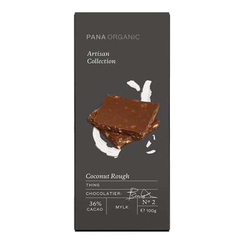 100g block of Pana Organic Thins - Coconut Rough, a heavenly blend of toasted coconut and rich chocolate with 36% cacao. Certified vegan, gluten free, and organic.