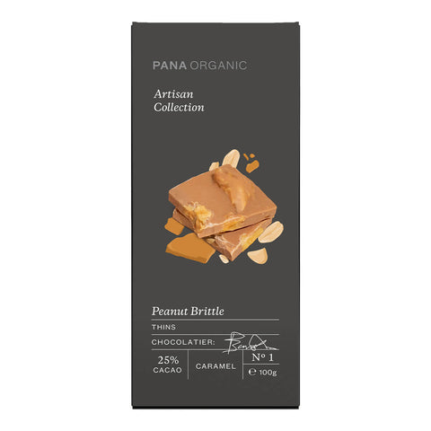 100g block of Pana Organic Thins - Peanut Brittle, with 25% cacao is the perfect blend of indulgent chocolate and savoury roasted peanuts. Certified vegan, gluten free, and organic.