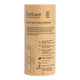 Back view of cardboard tube of 25 PATCH Natural Bamboo Bandages that are compostable, hypoallergenic, and breathable. The label shows the product description and dimensions of the bandages.