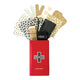 PATCH First-Aid Kit containing assorted sizes of bamboo bandages, bandage dots, cleaning buds, bandage wrap, black tweezers, scissors, and a safety pouch, all in a red tin.