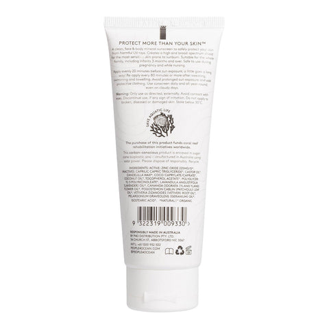 Back of 100ml bottle of People4Ocean Natural Vegan SPF 50 Sunscreen, a mineral-based, vegan, light-weight cream that provides high UVA/UVB protection. The back shows the description, directions, precautions and ingredients.