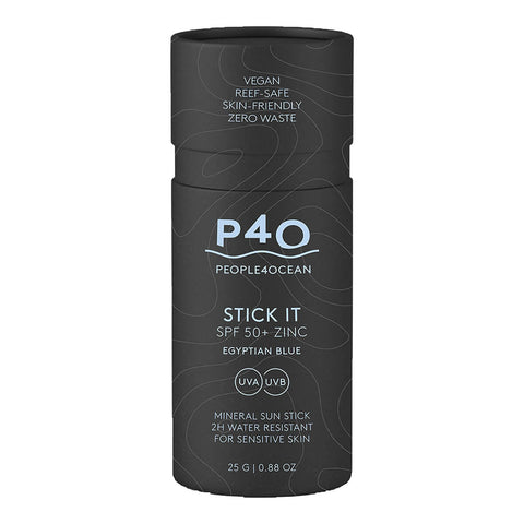 25g stick of People4Planet Stick It SPF 50+ Zinc in Egyptian Blue colour, a lightweight, dry-to-touch and waterproof zinc stick providing long-lasting UV protection to sensitive areas. Packaged in a black cardboard tube.