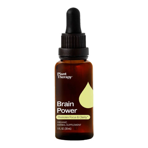 Front of dropper bottle of an organic herbal supplement for brain health and functionality.