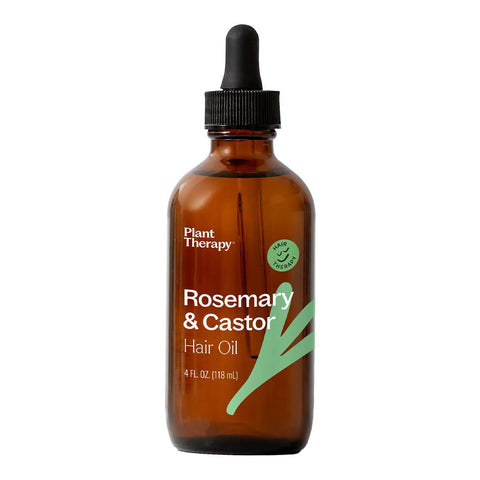 Front of dropper bottle of rosemary and castor hair oil.