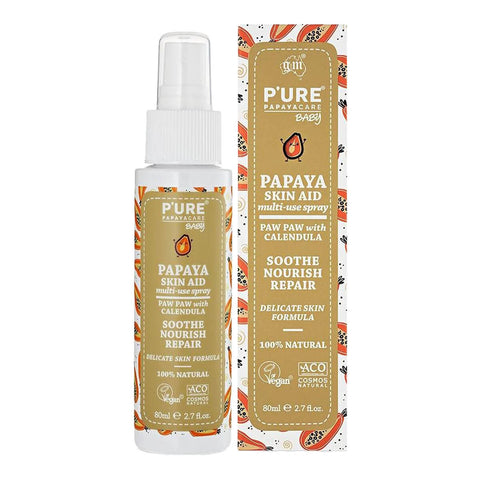 Spray bottle of multi-use spray formulated with papaya, calendula and marshmallow root designed to soothe, hydrate and protect babies' skin, next to its box.