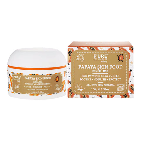 Tub of skin food balm formulated with papaya, calendula and shea butter to soothe, nourish and protect babies' skin, next to its box.