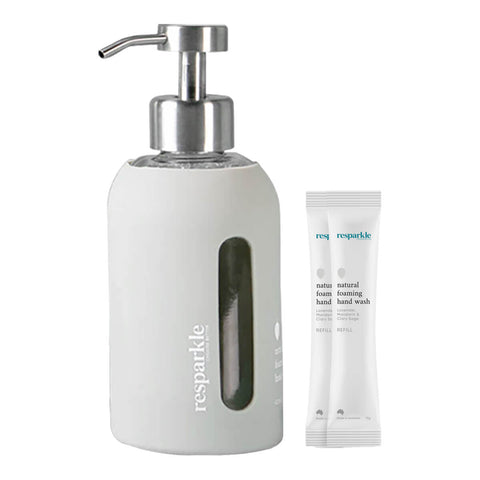 Grey coloured foaming hand wash bottle and 2 refill sachets.