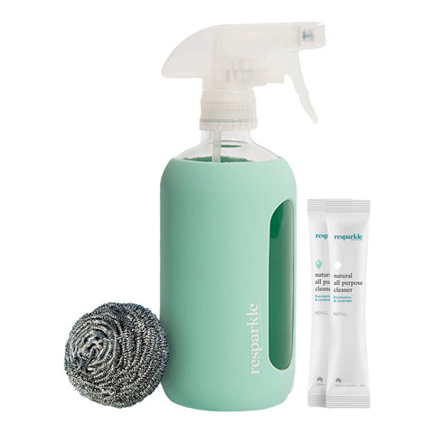 Natural cleaning kit featuring a spray bottle, 2 all-purpose cleaner refills, and a steel scrubber.