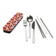 RetroKitchen Carry Your Cutlery set, a reusable and portable cutlery set with a geometric design on the case. The cutlery set contains a stainless fork, spoon, knife, chopsticks, cleaning brush, and a straw.