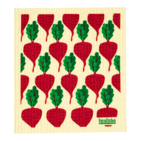 Compostable sponge cloth with a beetroot design.