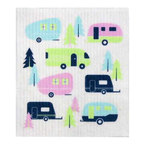 Compostable sponge cloth with a caravan design.