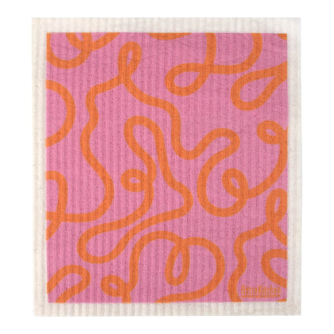 RetroKitchen Compostable Sponge Cloth, a super absorbent, machine washable and compostable dish cloth with a pink and orange loopy design.