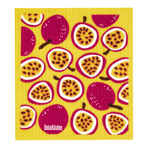 Compostable sponge cloth with a passionfruit design.