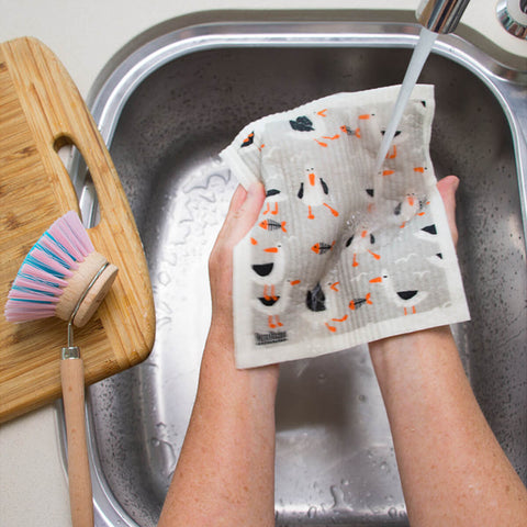 Hands holding a compostable sponge cloth with a seagull design in a sink.