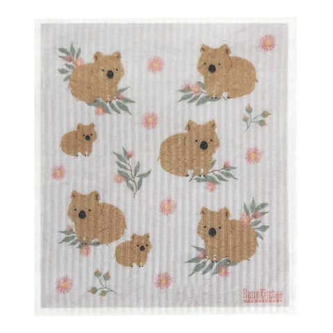 RetroKitchen Compostable Sponge Cloth, a super absorbent, machine washable and compostable dish cloth with a wombat design.