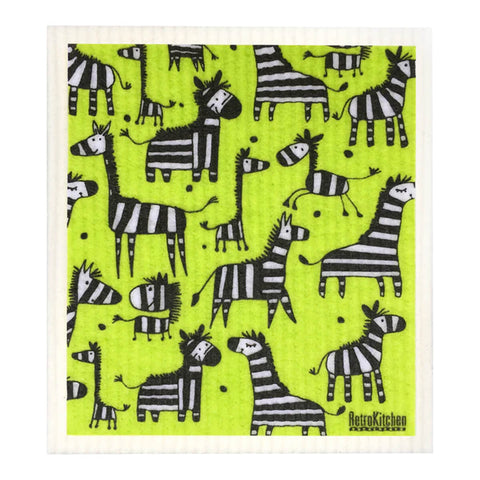 Compostable sponge cloth with a zebra design.