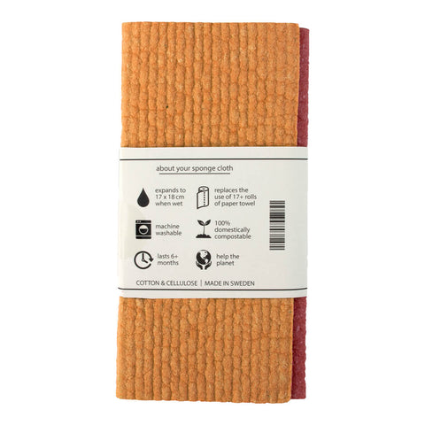 Back of RetroKitchen Organic Dyed Compostable Sponge Cloth Set, a set of 2 super absorbent, machine washable and compostable dish cloths made from cotton and cellulose. Comes with a dark red and orange cloth. Packaged with a paper tag.