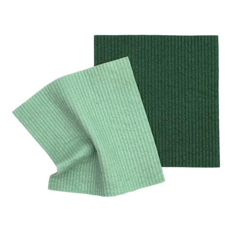 Light and dark green organic dyed compostable sponge cloths.