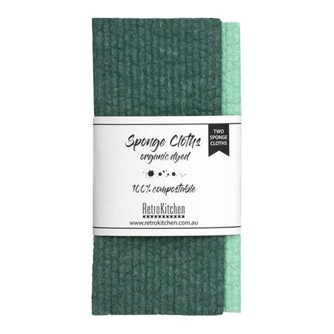 Set of 2 dark and light green organic dyed compostable sponge cloths.