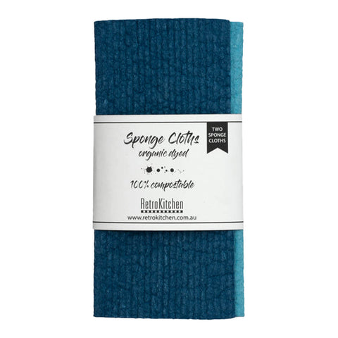 Set of 2 dark and light blue organic dyed compostable sponge cloths.