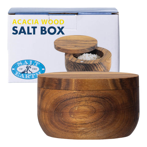 Salt of the Earth Acacia Wood Salt Box next to its packaging, crafted from one solid piece of acacia wood without use of any glues or chemicals. An ideal way to store your Celtic sea salt and allow your salt to breathe.