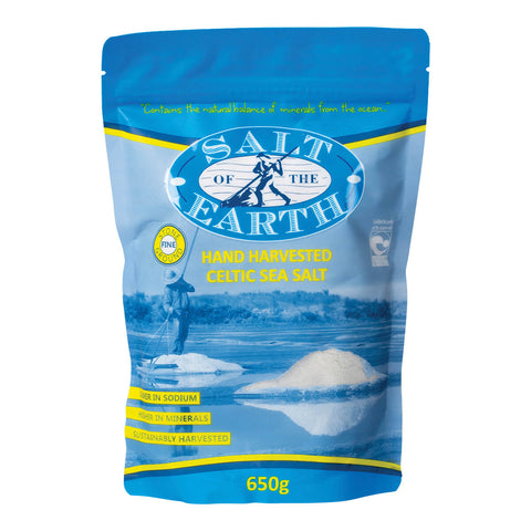 650g bag of Salt of the Earth fine Celtic Sea Salt, hand and sustainably harvested sea salt.