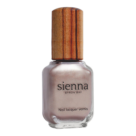 Bottle of natural nail polish in a rose brown with silver satin glaze colour.