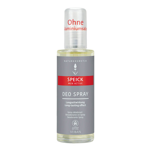 75ml spray bottle of Speick Men Active Deo Spray, a natural deodorant spray that provides reliable protection and long-lasting freshness. Packaged in an environmentally friendly pump spray bottle.