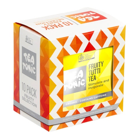 Box of Tea Tonic Fruity Selection Box containing 10 fruity tea blends, each individually wrapped in unbleached tea bags.