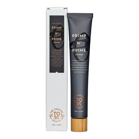 Tube of certified organic natural tinted moisturiser and primer in the shade 'Sun Kissed' next to its box.