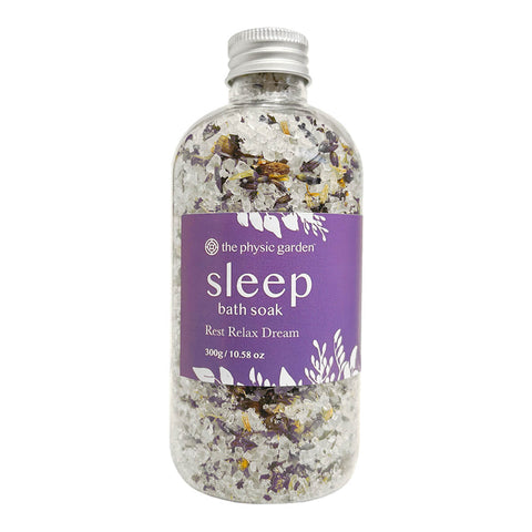 300g bottle of The Physic Garden Bath Soak in Sleep scent, infused with chamomile, lavender, and lemon balm to promote a restful sleep.