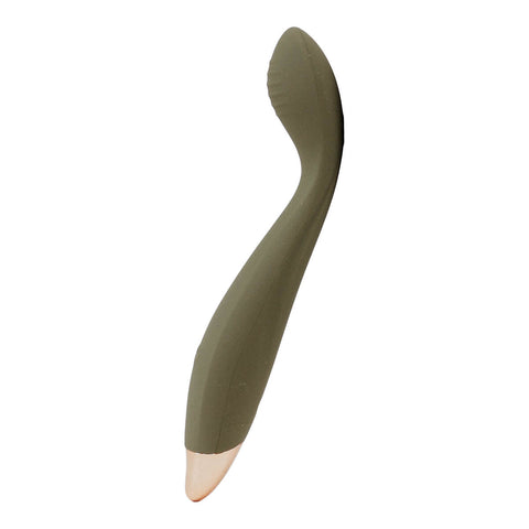 Viola Green Hedon G-Spot Vibrator in Olive colour, designed for reaching all the hard-to-reach spots. Its curvy body features elegant contours, and a ribbed shaft designed to maximise your most intense G-spot orgasms. It's crafted from sustainable materials and has a rechargeable lithium power supply with magnetic charging port. Hedon offers guilt-free exploration and companionship in your sexual wellness practices.