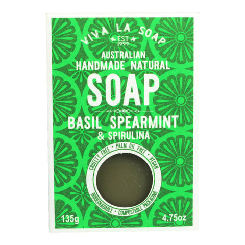 A box of handmade and natural basil, spearmint and spirulina soap.