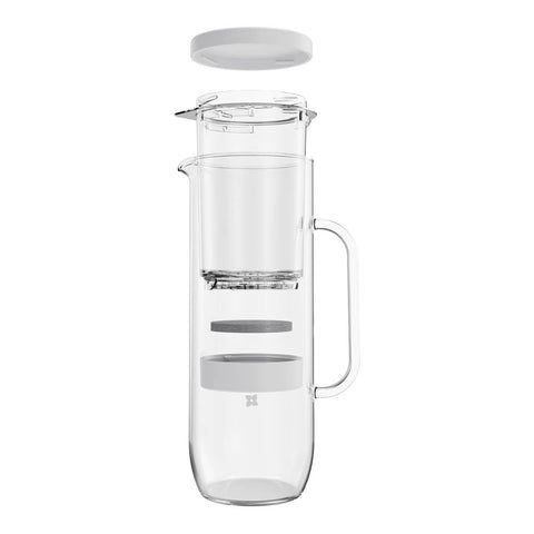 Exploded view of 2L waterdrop Lucy Filter Carafe water filtering jug made of robust, odourless and tasteless borosilicate glass, and features a minimal and sleek design.