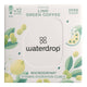 Box of 12 waterdrop Microdrink cubes in the Focus flavour, featuring lime and green coffee. These sugar-free hydration cubes are made with natural fruit and plant extracts, providing a vitamin-enriched, flavoured drink. Each cube dissolves to create 400-600ml of a refreshing beverage. The product comes in a white box with green and yellow lime and coffee bean illustrations on the front.