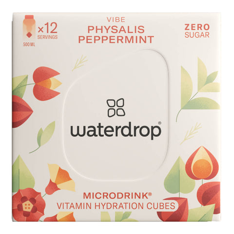 Box of 12 waterdrop Microdrink cubes in the Vibe flavour, featuring golden berry, peppermint and rosemary. These sugar-free hydration cubes are made with natural fruit and plant extracts, providing a vitamin-enriched, flavoured drink. Each cube dissolves to create 400-600ml of a refreshing beverage. The product comes in a white box with red and green golden berry illustrations on the front.