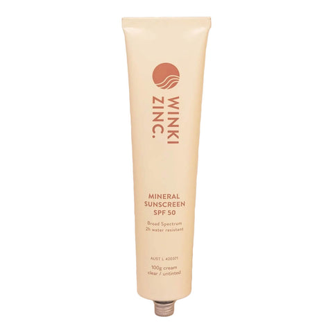 100g aluminium tube of WInki Zinc's Mineral Sunscreen SPF 50, a natural, zinc-based formula that protects against harmful UVA/UVB rays while gently moisturising the skin with vitamin E and coconut oil.