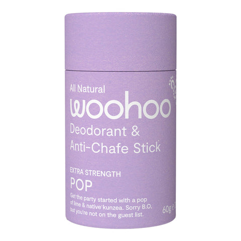 60g tube of Woohoo All Natural Deodorant & Anti-Chafe Stick in Pop. An extra-strength, 100% natural deodorant with a refreshing lime, grapefruit, and Australian kunzea scent. Provides all-day protection, tough on odour, and gentle on skin. Biodegradable, plastic-free, home compostable, and made with absorbent clays and powders to minimise wetness. Packaged in a purple cardboard tube.