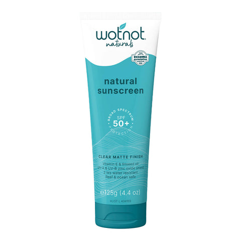 125g bottle of Wotnot Natural Sunscreen SPF 50+, a high-level, broad-spectrum protection against UV-A and UV-B rays while being easy to apply and gentle on the skin. This matte-finish sunscreen is vegan-friendly and enriched with natural linseed oil to help nourish sensitive skin.