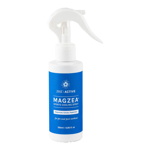 Front of spray bottle of cooling spray with kunzea and magnesium for pre and post workout.