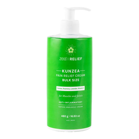 480g bottle of kunzea pain relief cream for muscle and joint pain.