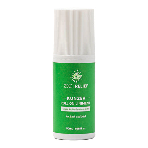 Front of bottle of kunzea roll on liniment for back and neck pain.